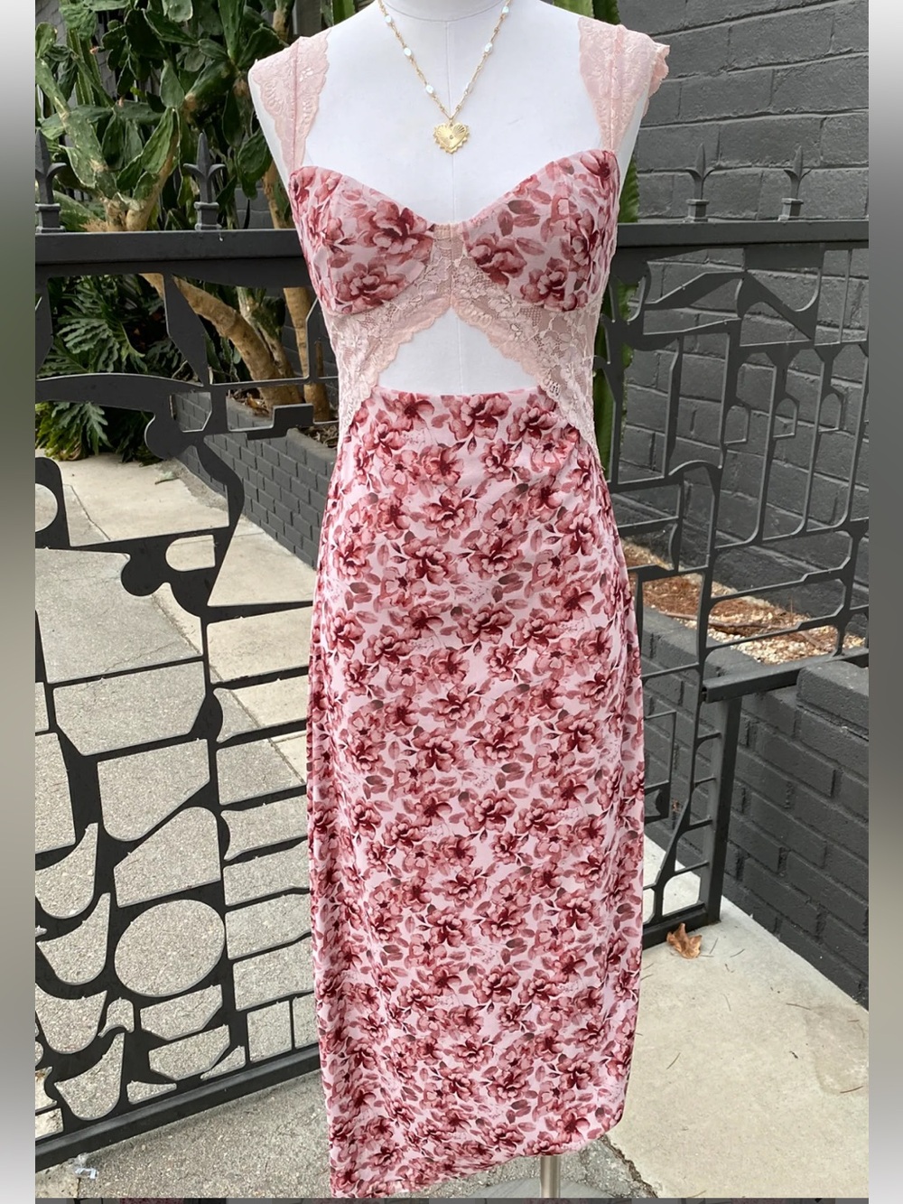 Emory Park Floral Pink Lace Cutout Midi Dress